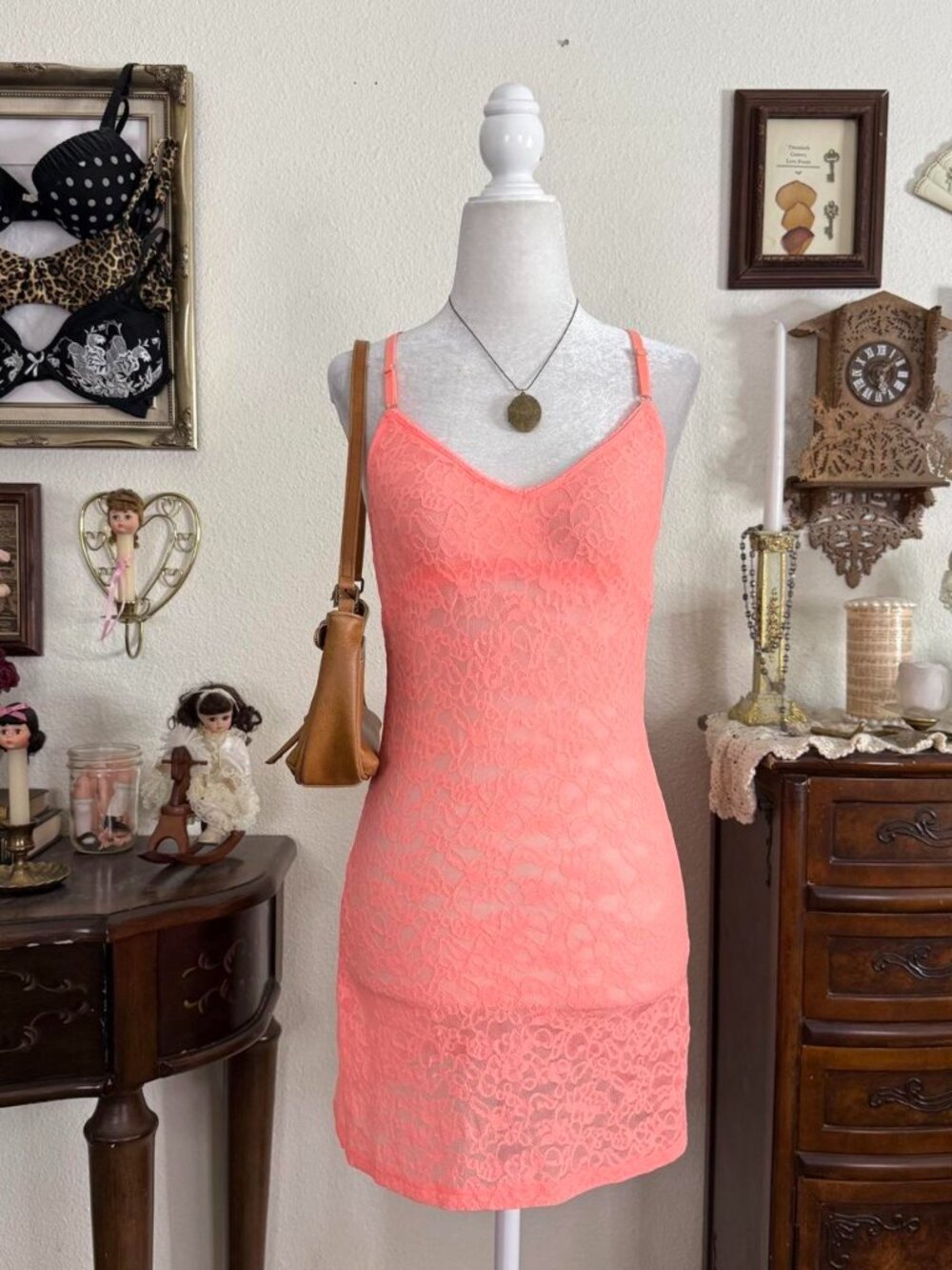 Victoria’s Secret girly grunge bright apricot sheer lace slip dress